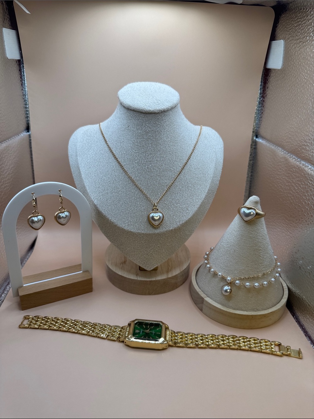 Gold Heart Pearl Necklace and Earring Set - Elegant Heart Pendant Jewelry
